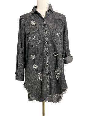 Thrill Jeans Shirt Dress Womens Large Gray Distressed Blessed Grateful Thankful